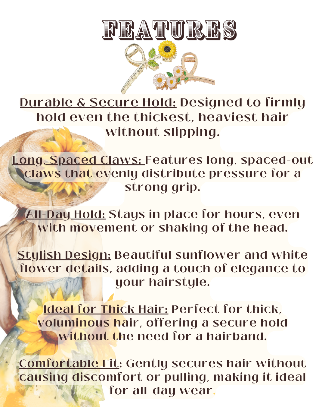 Flower Hair Claw - 2pk Sunflower & White Daisy Hair Claws, High Quality, Strong Grip, Stylish for Thin & Thick Hair, Versatile Accessory
